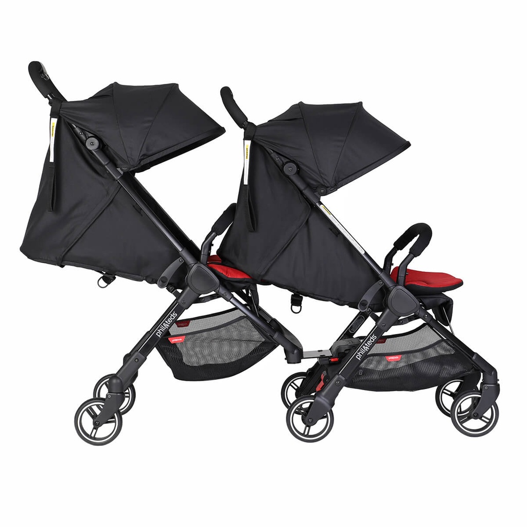 side shot of double kit for go shown in position connected to additional go buggy as a separate purchase with newborn cocoon shown in rear double kit